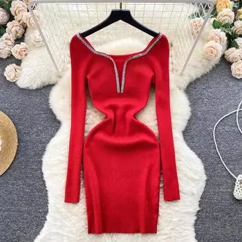 Шикарное элегантное однотонное трикотажное цельное платье женское с квадратным вырезом и длинным рукавом винтажное облегающее платье-свитер женское сексуальное модное тонкое повседневное платье 2024 S красный