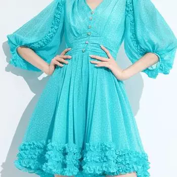 Шикарное элегантное плиссированное облегающее платье с V-образным вырезом и рукавами-фонариками в виде съедобных грибов, украшенное оборками, для женщин в винтажном корейском стиле, осенняя одежда One Size синий