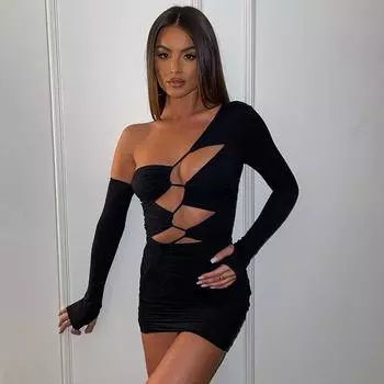 Шикарное бандажное мини-платье с длинными рукавами и вырезами, облегающая одежда для клубной вечеринки S чёрный