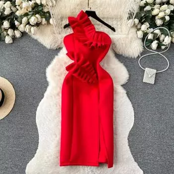 Шикарное цельное платье без бретелек с открытыми плечами, женское сексуальное плиссированное платье без рукавов с рюшами, женское корейское модное винтажное вечернее платье 2024 M зелёный