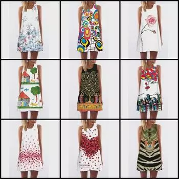 Шикарное европейско-американское платье миди без рукавов с открытыми плечами и цифровым принтом 2019 года Extra Large