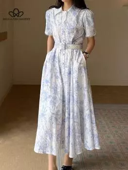 Шикарное французское элегантное однобортное платье с принтом тушью на талии и поясом, женское модное элегантное вечернее платье one size синий