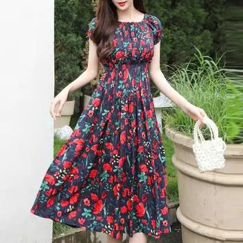 Элегантное женское цветочное платье летнее пляжное платье с коротким рукавом корейская мода летняя женская одежда XL