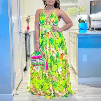 Шикарное и модное пляжное платье макси с принтом и тонкими бретельками для женщин S белый