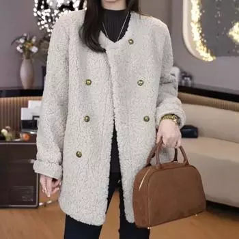 Шикарное и стильное меховое пальто Тедди с двубортным дизайном, идеально подходит для осени и зимы M абрикосовый