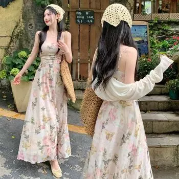 Шикарное и женственное платье макси без рукавов с цветочным принтом и подтяжкой на талии L