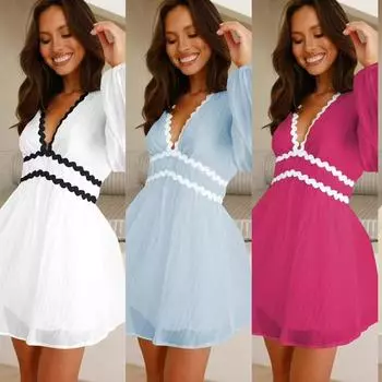 Шикарное корейское модное платье с V-образным вырезом и длинным рукавом-фонариком, сексуальное облегающее платье в стиле пэчворк, винтажное женское вечернее платье на весну и осень One Size чёрный