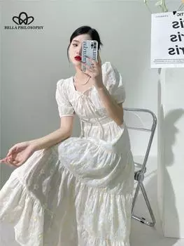 Шикарное красивое элегантное платье с квадратным воротником во французском стиле, милое молочное платье, женское летнее модное платье феи S бежевый