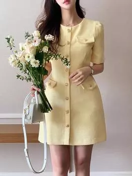 Шикарное летнее элегантное светское изящное твидовое платье с пышными рукавами и рукавами Advanced Sense для женщин из Южной Кореи S чёрный