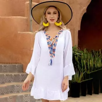 Шикарное летнее пляжное платье в богемном стиле, солнцезащитный крем, пляжная одежда с длинными рукавами, женское пляжное платье, женская одежда белый