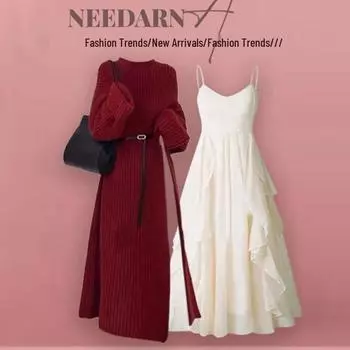 Шикарное миди-платье-свитер в чайном стиле: Осенне-зимний ленивый стиль с разрезом L (suggested 50-60 kg)