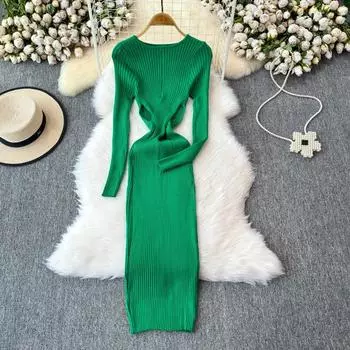 Шикарное О-образное платье с длинным рукавом и перекрещивающимися узкими бретелями, элегантное женское винтажное корейское сексуальное осенне-зимнее платье One Size кофейный