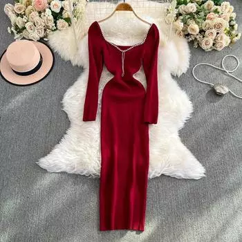 Шикарное облегающее платье-карандаш со стразами и квадратным вырезом на спине, винтажное вечернее корейское сексуальное женское осенне-зимнее платье One Size чёрный