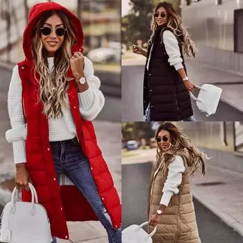 Шикарное пальто без рукавов с капюшоном, теплое, с пуговицами спереди, длинное, универсальное, модное для женщин S чёрный