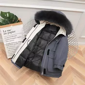 Шикарное пальто оверсайз с капюшоном, свободная белая куртка на утином пуху, женская средняя длина с воротником из лисьего меха L бежевый