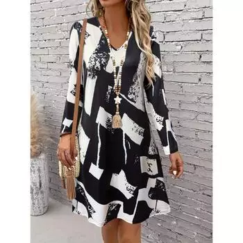 Шикарное платье с длинными рукавами и геометрическим узором для женщин S чёрный