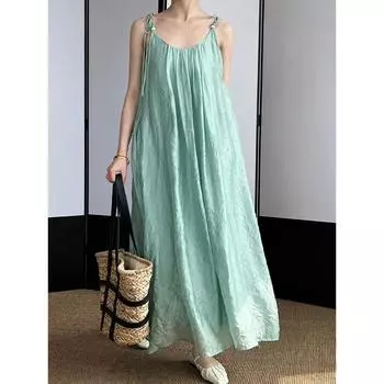 Шикарное платье с напуском для пляжного отдыха Плиссированные платья с бретелькой на бретельках с большим подолом и открытой спиной M жёлтый