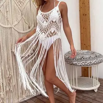 Шикарное пляжное платье, накидка без рукавов, эластичное однотонное женское пляжное платье, женская одежда белый
