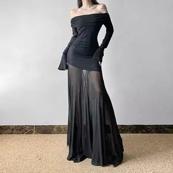 Шикарное сетчатое платье на одно плечо с рукавами-трубами Medium чёрный