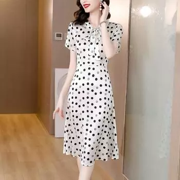 Шикарное шелковое платье в горошек для женщин, элегантное и изысканное, высококачественное качество M чёрный