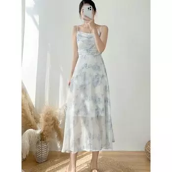 Шикарное синее платье с принтом роз: Летнее платье-комбинация с открытой спиной и макси-юбка S синий