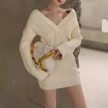 Шикарное трикотажное платье с V-образным вырезом и открытыми плечами, облегающее платье-свитер с длинными рукавами, элегантное повседневное платье с высокой талией 25298 One Size белый