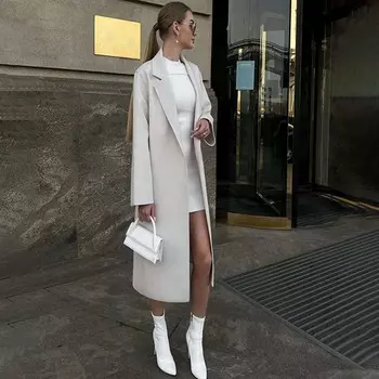 Шикарное универсальное длинное шерстяное пальто, осенние женские элегантные модные удобные куртки, простое тонкое пальто с лацканами и пуговицами XS бежевый