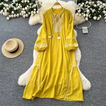 Шикарное винтажное платье с длинным рукавом, свободного кроя, приталенное, элегантное, фея, корейская мода, бохо, сарафан, женская одежда, длинное платье One Size