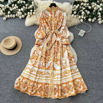 Шикарное винтажное сексуальное платье с длинным рукавом, принтом, сборками, пуговицами, приталенное, элегантное, сказочное, в корейском стиле, бохо, сарафан, женская одежда, длинное платье M
