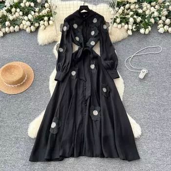 Шикарное винтажное трехмерное однобортное приталенное элегантное сказочное корейское модное бохо женское платье макси S