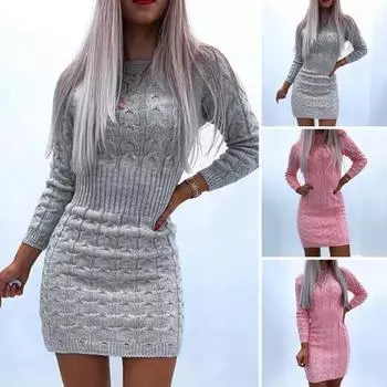 Шикарное вязаное платье-свитер с полувысоким воротником. Элегантное и удобное платье с жаккардовой текстурой из грубой конопли.