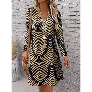 Шикарное всесезонное платье с V-образным вырезом и уникальным принтом по всей длине - длинный рукав, эластичная полиэстеровая смесь, можно стирать в стиральной машине - идеально подходит для женщин S