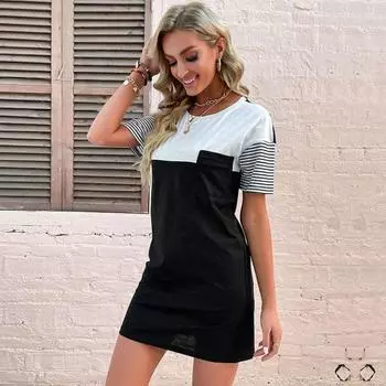 Шикарное женское летнее платье-футболка, повседневное свободное лоскутное полосатое с коротким рукавом и круглым вырезом, размеры S-XL S чёрный