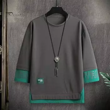 Шикарные эластичные термоусадочные футболки, имитация двух частей, лоскутная цветная футболка, повседневная одежда L темно-серого