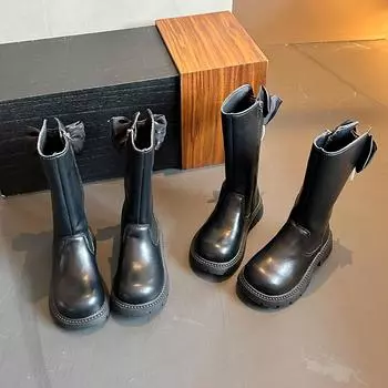 Шикарные элегантные ботинки на платформе для девочек с бантом, универсальные детские модные ботинки, повседневные, трендовые, детские, принцесса, черные, классические ботинки, новые 26