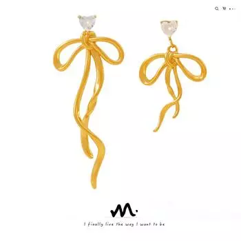Chic Zircon Ribbon Bow Tassel Asymmetric Titanium Steel Earrings for Women