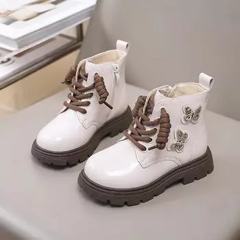 Шикарные детские ботиночки для девочек, модные детские ботильоны черного и бежевого цвета, милые хлопковые ботиночки на платформе с изображением принцессы-бабочки, боковая молния 26 чёрный