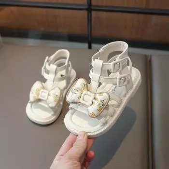 Шикарные детские летние сандалии Милые сандалии принцессы с цветочным принтом и бантом на плоской подошве Модные детские сандалии в стиле римских сандалий для школы с открытым носком 26 чёрный