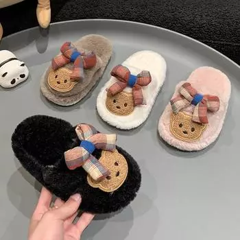 Шикарные детские тапочки для девочек с милым медвежонком и бантом, детская зимняя обувь, мягкая подошва, пушистая, модные, милые, хлопковые тапочки для малышей 26-27 белый