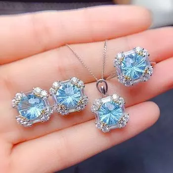 Шикарные голубые хрустальные топазы, бриллианты, драгоценные камни, ожерелья, серьги-гвоздики, комплекты ювелирных изделий из белого золота для женщин, подарки на вечеринку resizable&45cm