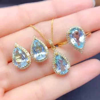 Шикарные голубые кристаллы топазы аквамарин бриллианты драгоценные камни подвески ожерелья кольца серьги для женщин 18k золото цвета ювелирные наборы новые resizable&45cm