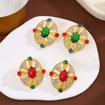 Шикарные и элегантные овальные серьги-гвоздики со сверкающими циркониевыми камнями в стиле ретро зелёный