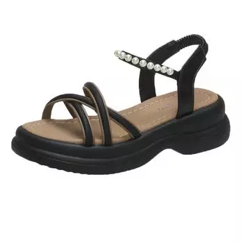 Шикарные и элегантные женские туфли на каблуке 2024 года, летние роскошные дизайнерские босоножки на платформе для девочек в римском стиле, черные гладиаторы на танкетке, модные 35 чёрный