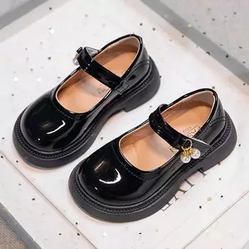 Шикарные кожаные туфли для девочек, милые черные туфли Мэри Джейн с жемчужной подвеской для свадебной вечеринки, платье для школы, балетки 26-36 26 бежевый
