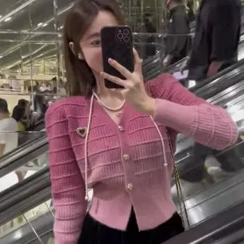 Шикарные осенние и зимние вязаные кардиганы, антивозрастные, ретро, нишевый, темпераментный, дизайн, чувство банта, V-образный вырез, универсальный свитер, куртка one size розовый
