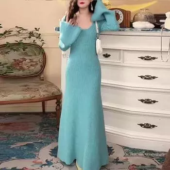 Шикарные платья, пуловеры, однотонные свитера для женщин зимой, ретро, высококачественные, трикотажные, длинные, уникальный темперамент, модные коричневый