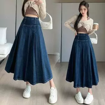 Шикарные плиссированные джинсовые юбки, весенне-осенние длинные джинсовые юбки с высокой талией, прямые женские свободные джинсовые юбки-миди XS синий