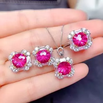 Шикарные розовые кристаллы топазы цирконы бриллианты драгоценные камни белое золото цвет комплекты ювелирных изделий для женщин ожерелья с подвесками серьги-гвоздики resizable&45cm