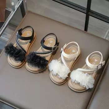 Шикарные сандалии для девочек на свадьбу, детские летние сандалии для принцессы, модные милые кружевные детские повседневные босоножки с толстой подошвой 26 чёрный