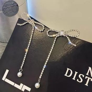 Шикарные серьги-бантики в стиле Instagram для круглых лиц - Fairy Forest Aesthetic Celebrity Design Bow tassel серебряный